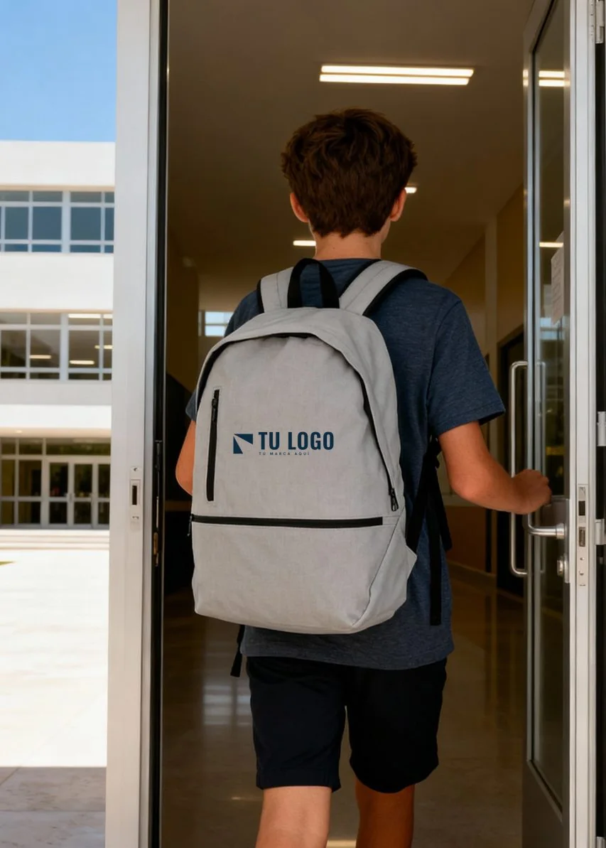Mochila gris con el logo de una marca aplicado en el panel frontal
